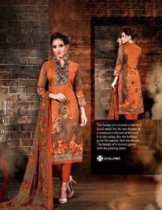 Salwar Suit- Cambric Cotton with Self Print - Orange and Brown  (Un Stitched)